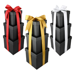 Nested Square Gift Boxes, Black, 5-inch, 6-inch, 7-inch, 3-piece, 1.5-inch Satin Ribbon