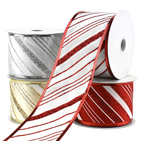 Glittered Christmas Diagonal Stripes Wired Ribbon, 2-1/2-inch, 10-yard
