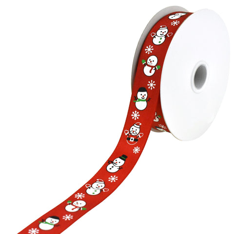 Christmas Snowmen Friends Satin Ribbon, 7/8-Inch, 10-Yard - Red