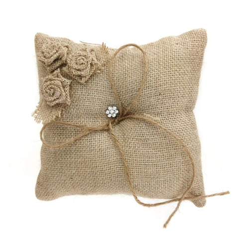 Burlap Roses and Rhinestone Ring Bearer Pillow, 7-Inch, Natural