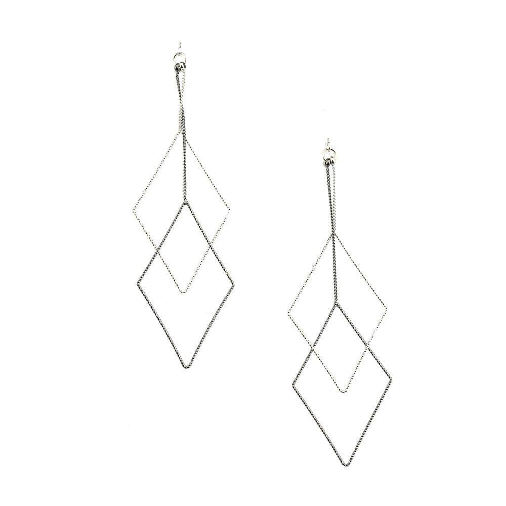 Double Layer Diamond Shaped Dangle Earrings, Grey, 3-1/2-Inch