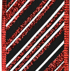 Christmas Diagonal Glittered Stripes Satin Wired Ribbon, 2-1/2-inch, 10-yard