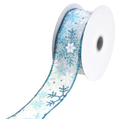 Christmas Glittered Snowflakes Sheer Organza Wired Ribbon, 10-yard