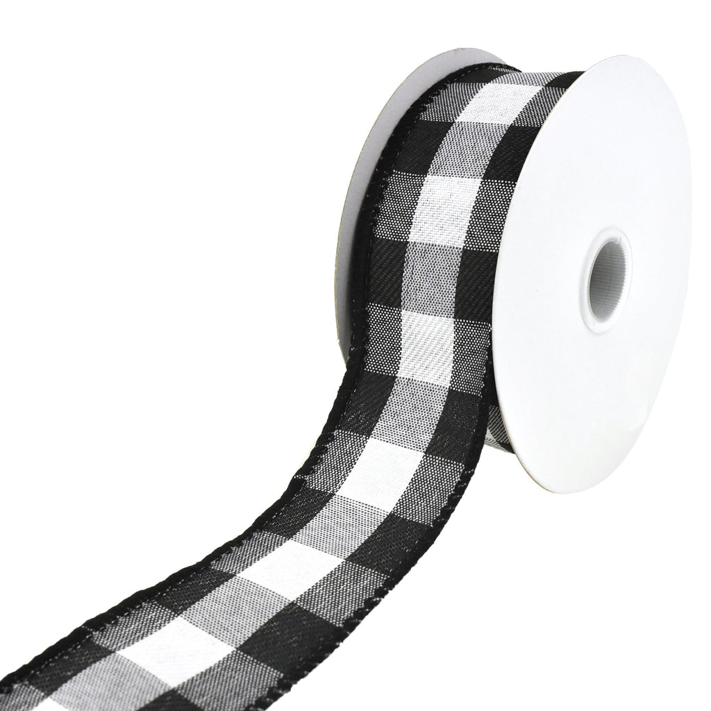 Woven Buffalo Plaid Wired Edge Christmas Ribbon, Black/White, 1-1/2-Inch, 10-Yard