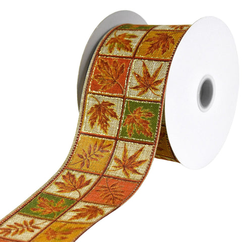 Autumn Leaves Quilt Boxes Faux Linen Wired Ribbon, 2-1/2-inch, 10-yard