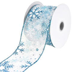 Christmas Glittered Snowflakes Sheer Organza Wired Ribbon, 10-yard