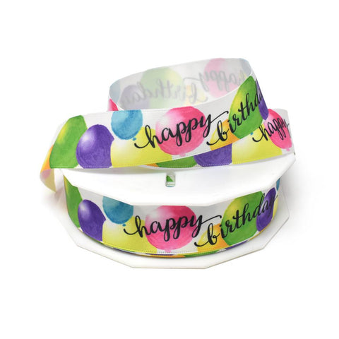 Colorful Balloons Happy Birthday Satin Ribbon, 7/8-Inch, 20-Yard