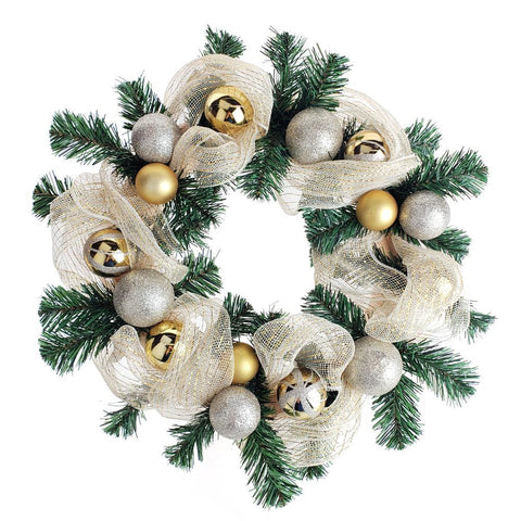 Decorated Gold Mesh Ribbon Christmas Wreath, Green/Champagne, 21-Inch