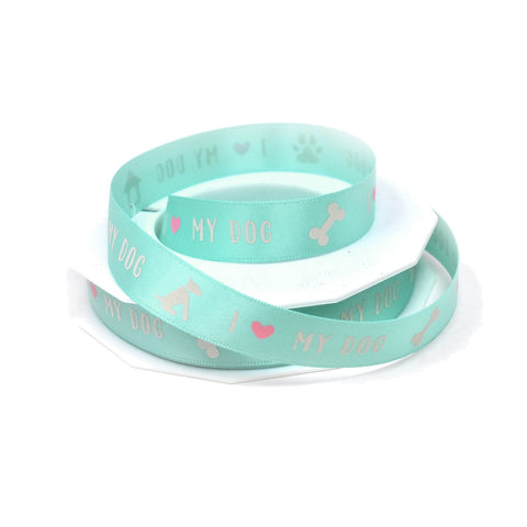 I Love My Dog Precious Pets Satin Ribbon, Aqua, 5/8-Inch, 20-Yard