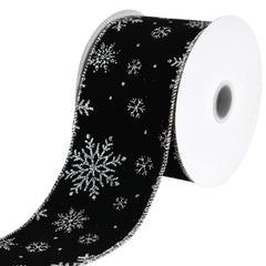 Christmas Velvet Glittered Snowflakes Wired Ribbon, 10-yard