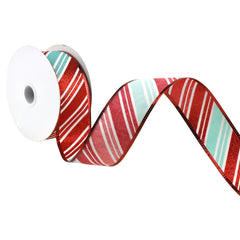 Christmas Glitter Candy Cane Stripes Wired Ribbon, 1-1/2-inch, 10-yard, Aqua/Red
