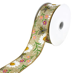 Printed Bees and Spring Flowers Wired Ribbon, 2-1/2-inch, 10-yard