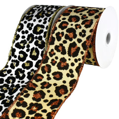 Flocked Cheetah Print Satin Wired Ribbon, 10-yard