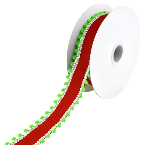 Christmas Velvet Pom Pom Edge Wired Ribbon, 1-1/2-Inch, 10-Yard