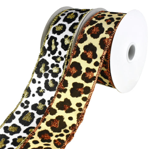 Flocked Cheetah Print Satin Wired Ribbon, 10-yard