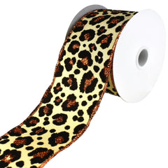 Flocked Cheetah Print Satin Wired Ribbon, 10-yard