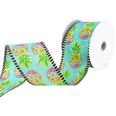 Floral Pineapples Striped Edge Wired Ribbon, 2-1/2-inch, 10-yard