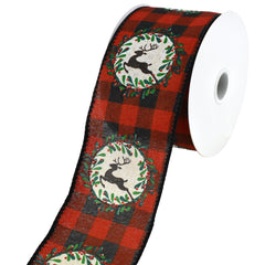 Buffalo Plaid Reindeer Christmas Wreath Wired Ribbon, 2-1/2-Inch, 10-Yard