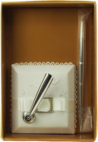 Premium Wedding Pen Holder, Embroidered Flower with Satin Belt (White)