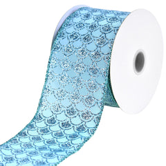 Glittered Mermaid Fish Scale Pattern Satin Wired Ribbon, 10-yard