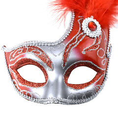 Fancy Feather and Gemstone Accent Mask, 10-1/4-Inch x 6-3/4-Inch - Red