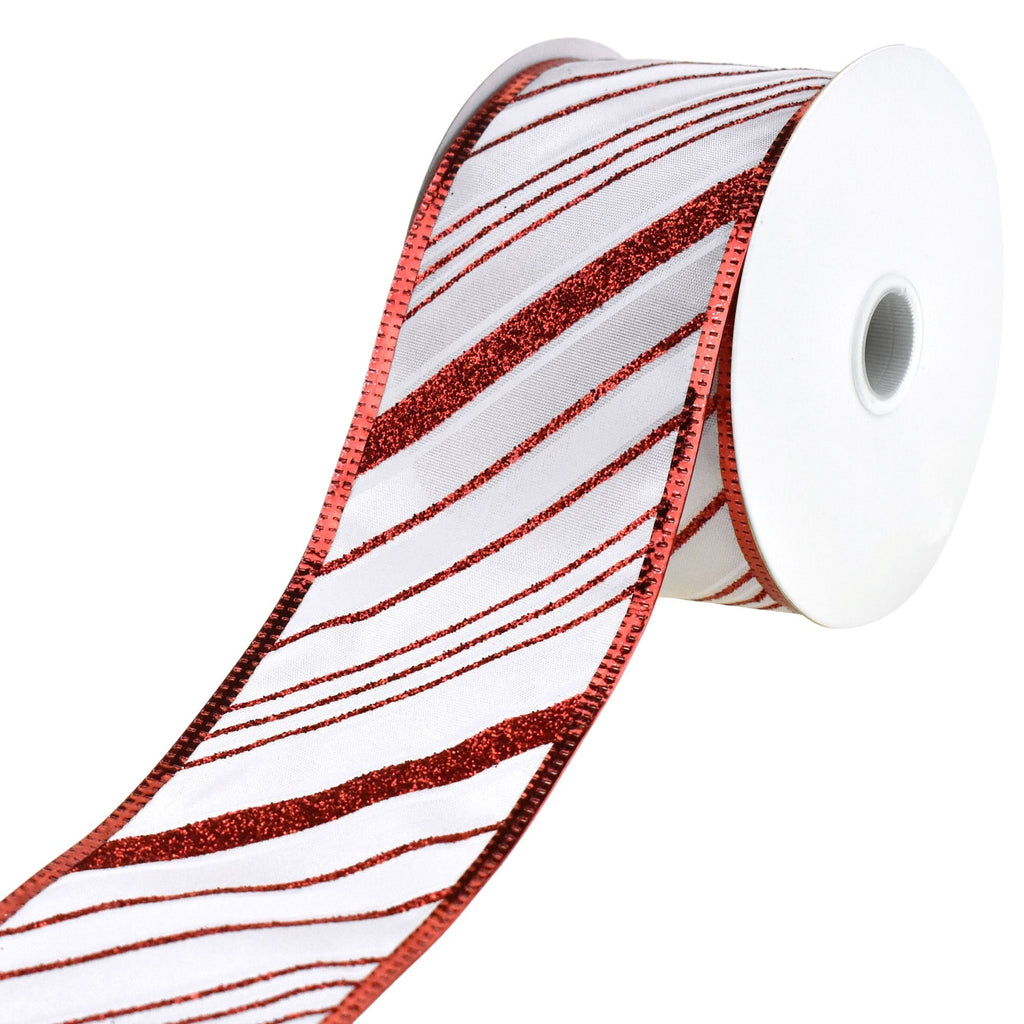 Glittered Christmas Diagonal Stripes Wired Ribbon, 2-1/2-inch, 10-yard