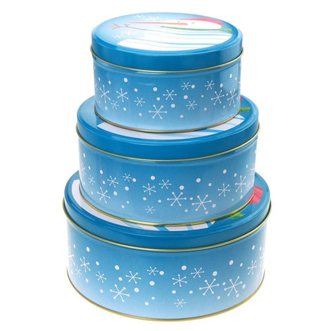 Christmas Cookie Tin Round Containers with Snowflakes/Snowman, 3 Size, Blue