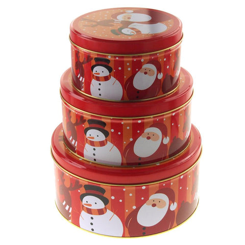 Christmas Cookie Tin Round Containers with Santa & Snowman, 3 Size, Santa, Red