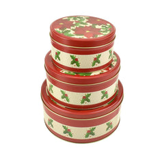 Christmas Cookie Tin Round Containers with Poinsettias and Holly, 3 Size, Red/White