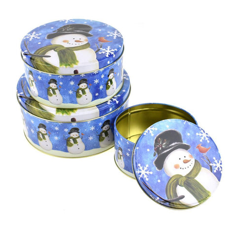 Christmas Cookie Tin Round Containers with Snowman, 3 Size, Blue