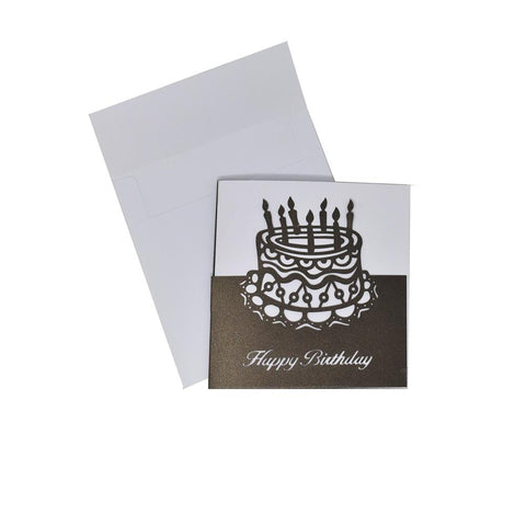 Blank Square Laser Cut Happy Birthday with Cake Invitation, Brown, 4-3/4-Inch