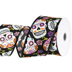 Dia de los Muertos Skulls Satin Wired Ribbon, 2-1/2-inch, 10-yard