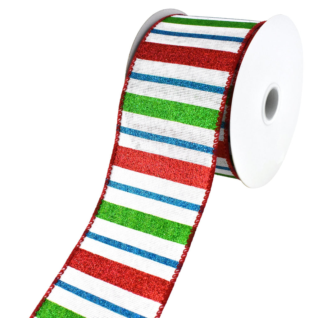 Christmas Glittered Stripes Wired Ribbon, 2-1/2-Inch, 10-Yard - Red/Lime/Turquoise