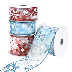 Christmas Glittered Snowflakes Sheer Organza Wired Ribbon, 10-yard