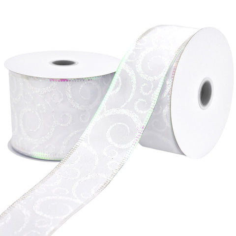 Christmas Iridescent Glitter Swirls Satin Wired Ribbon, 10-yard