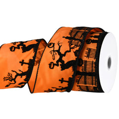 Flocked Halloween Scene Satin Wired Ribbon, 2-1/2-inch, 10-yard