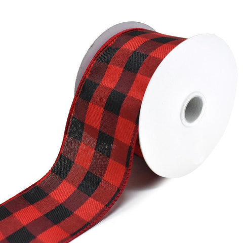 Buffalo Plaid Twill Wired Edge Christmas Ribbon, 10-yard, Black/Red