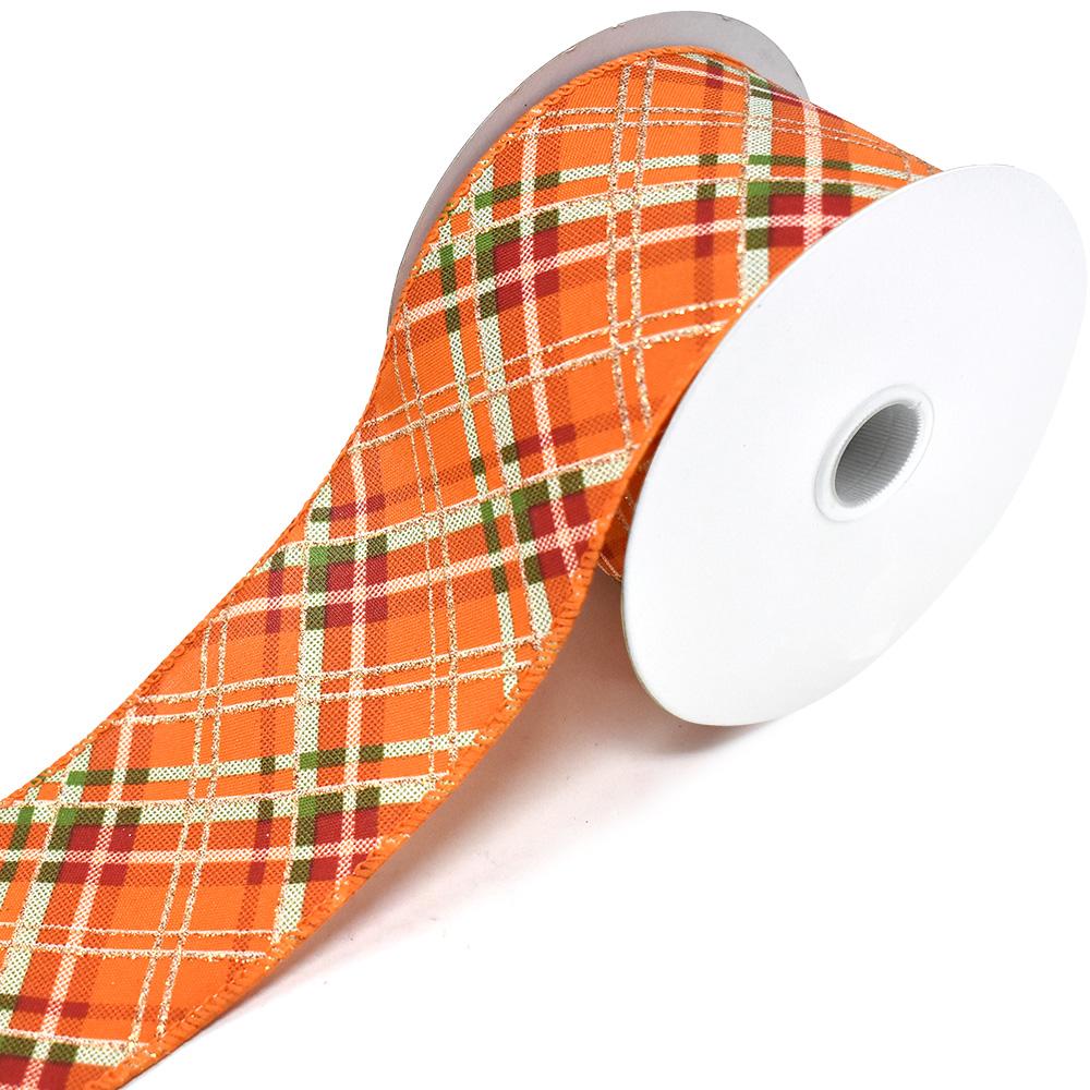 Diagonal Plaid Linen Wired Edge Fall Ribbon, Orange, 2-1/2-Inch, 10-Yard