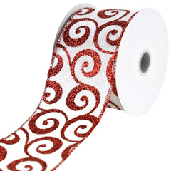 Christmas Glitter Swirls Satin Wired Ribbon, 10-yard