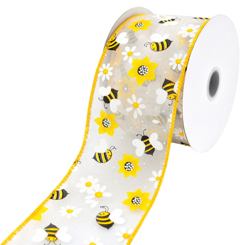 Bumblebees Daisies Sheer Organza Wired Ribbon, 2-1/2-inch, 10-yard