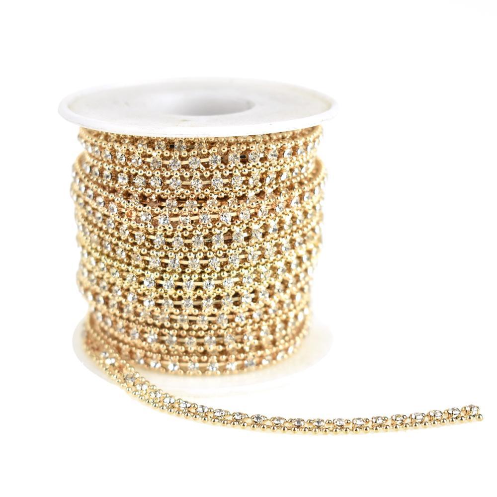 Beaded Edge Diamond Rhinestone Link Roll, Gold, 5mm, 9-Yard