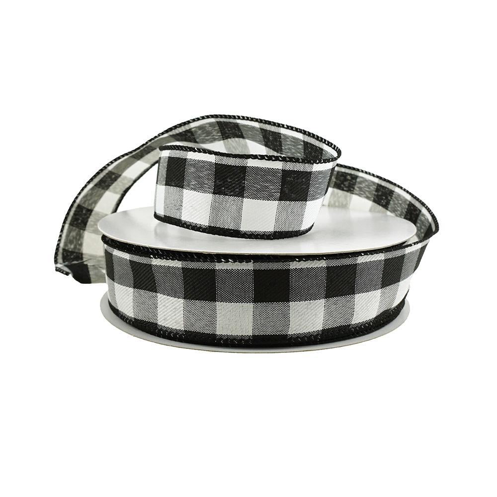 Woven Buffalo Plaid Wired Ribbon, 1-1/2-Inch, 50-Yard - White