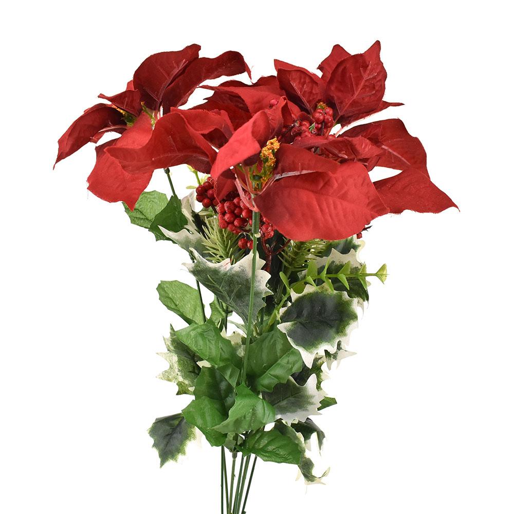 Artificial Poinsettia with Holly Spray, 18-Inch