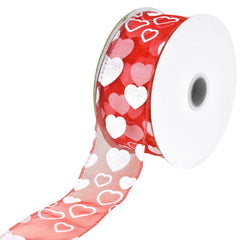 Flocked Heart Organza Ribbon Wired Edge, 1-1/2-inch, 25-yard