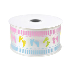 Baby Footprint Pastel Satin Ribbon, White, 1-1/2-Inch, 3-Yard