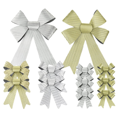 5 Loop Reflective Plastic Christmas Bows, Gold/Silver, 12-Piece
