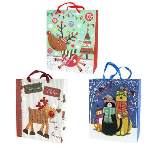Christmas Reindeer and Pets Glitter 3D Gift Bags, 12-1/2-Inch, 3-Piece