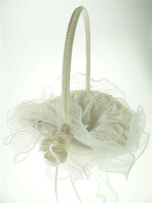 Satin Flower Girl Baskets Wedding Ceremony, 8-inch, Ruffled Organza (Oval), Ivory