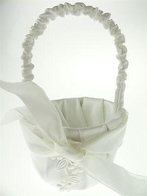 Satin Flower Girl Baskets Wedding Ceremony, 7-1/2-inch, Flower & Satin Bow, White