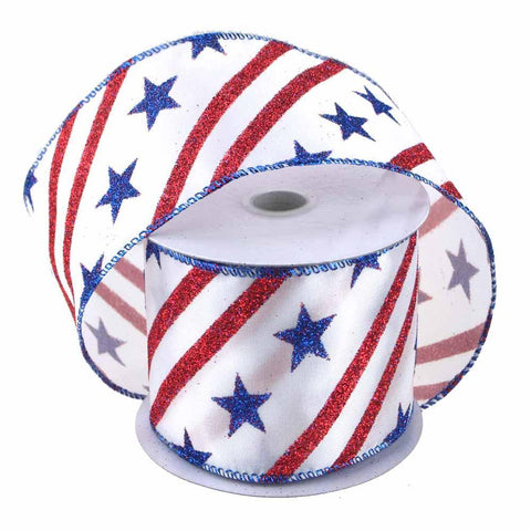 Glitter Stars Striped White Satin Ribbon, 2-1/2-Inch, 10 Yards